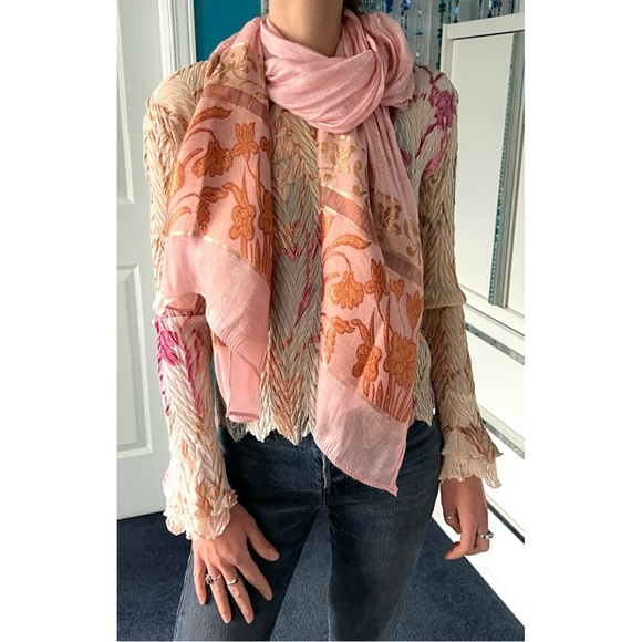 Komarov Blush Pink Crinkle Pleated Blouse Velvet Floral Burnout Plaque Romantic - Picture 15 of 16